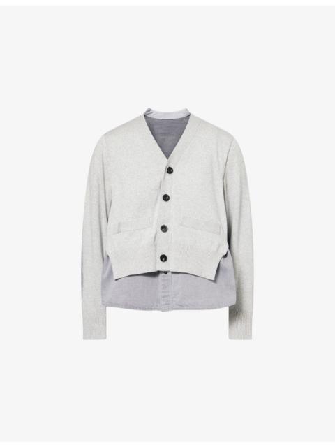 sacai Contrast-Panelled Denim and Cotton-Knit Cardigan