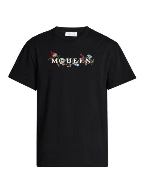 Alexander McQueen Men's Floral-Embroidered Logo Crewneck T-Shirt - Black Multi Colour