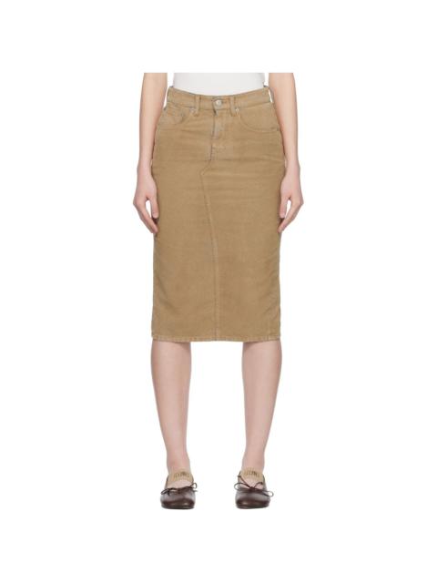 Beige Coated Denim Midi Skirt