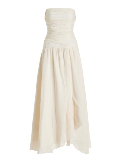 Hightide Ruched Drop-Waist Cotton-Ramie Maxi Dress white