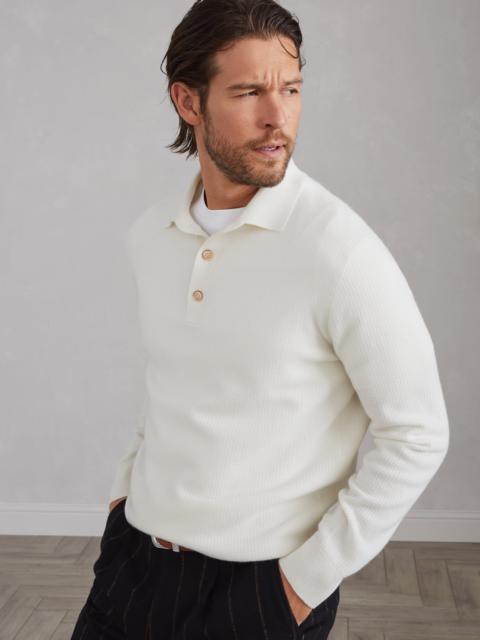 Cashmere waffle stitch knit polo with long sleeves