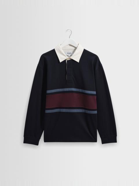 Wax London Rowhill - Navy And Purple Stripe Loopback Rugby Shirt