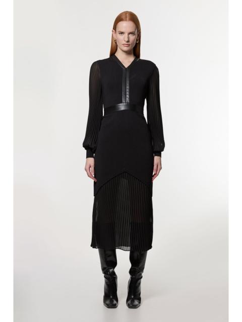 KAREN MILLEN Woven Sleeved Pleated Dress With Pu