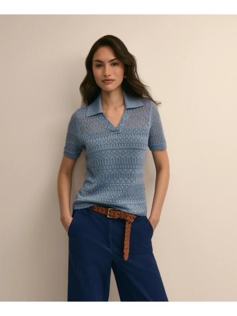 Brooks Brothers Silk-Cotton Short-Sleeve Johnny Collar Pointelle Sweater