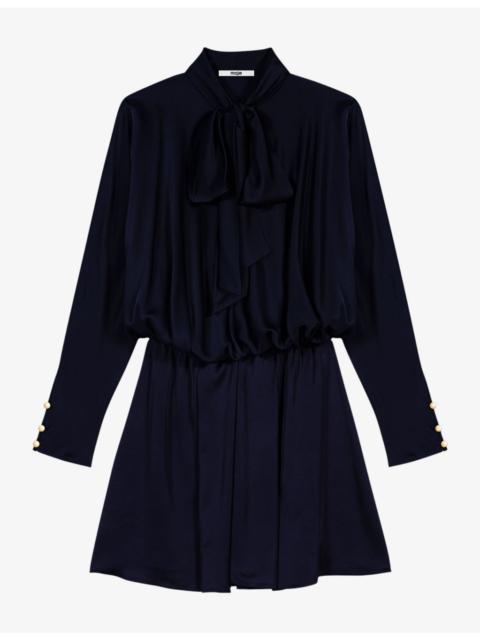maje Tie-Neck Draped Satin Mini Dress