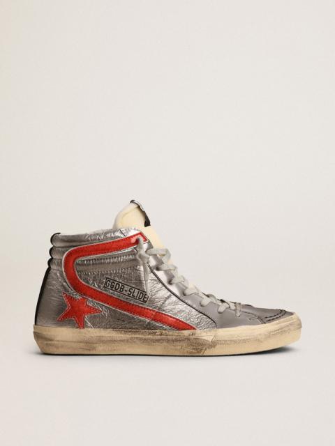 Women’s Slide with silver metallic leather upper and red metallic leather flash