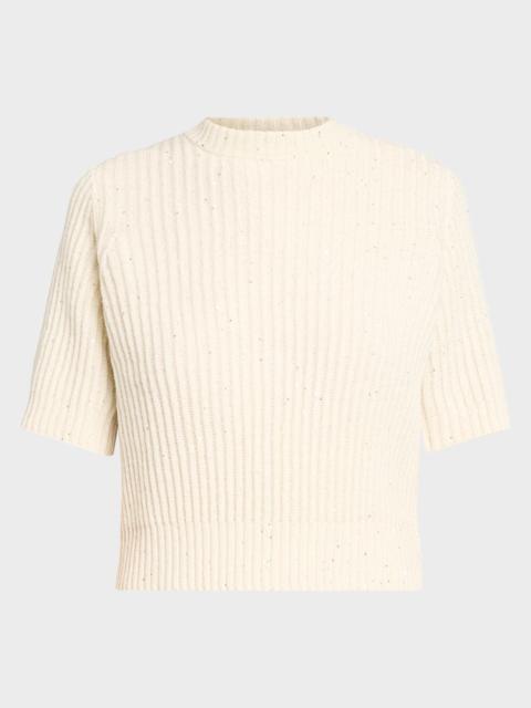 Brunello Cucinelli Paillette Cashmere-Wool Short-Sleeve Sweater