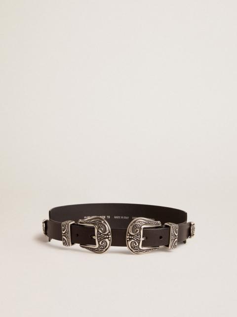 Black belt in washed leather with silver-colored double buckle