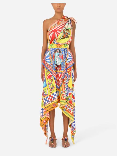 Carretto-print silk one-shoulder dress