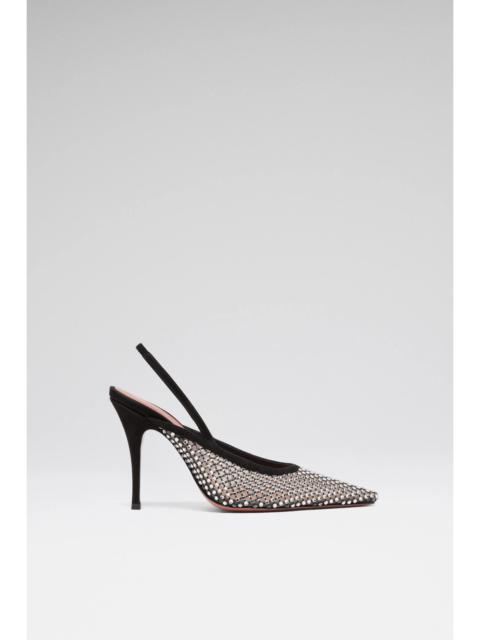 Amina Muaddi FELICIA CRYSTAL NET SLING 100 BLACK SUEDE AND WHITE CRYSTALS