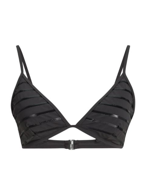 Brunello Cucinelli Women's Dazzling Stripes Bikini Top in Techno Jersey with Monili - Lignite