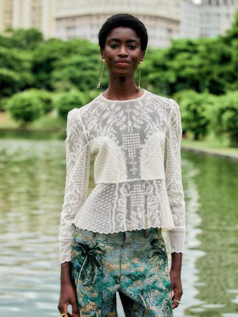 FARM RIO Embroidered Tulle Long Sleeve Blouse