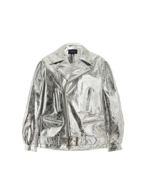 Puff-Sleeve Metallic Leather Biker Jacket silver