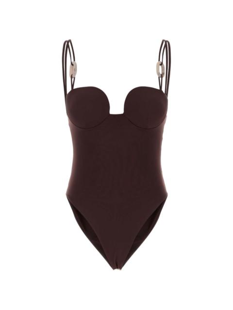 burgundy swimsuit