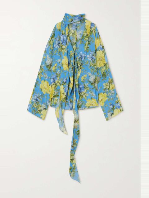 Tie-detailed floral-print crepe de chine blouse
