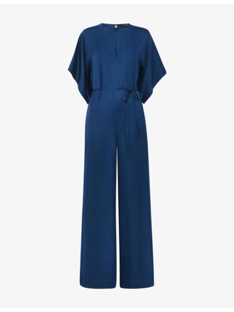 WHISTLES Belted-Waist Short-Sleeve Satin Jumpsuit