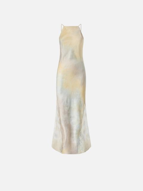 PINKO SATIN DRESS WITH SHADED COLOR AND LACE INSERT