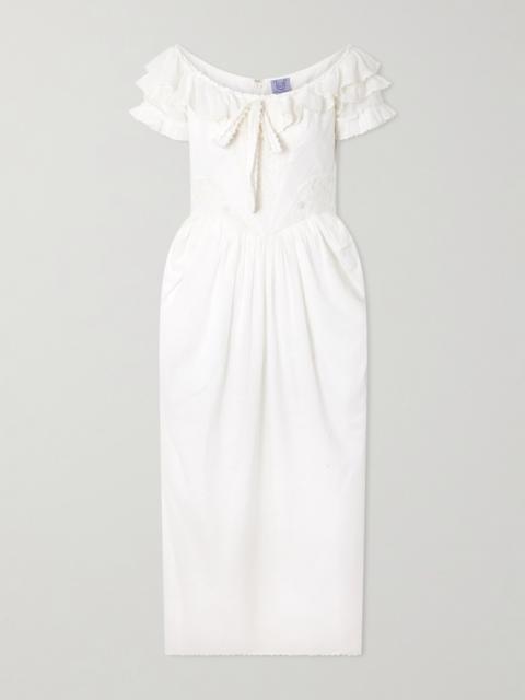 Thierry Colson Falbala Off-the-shoulder Bow-detailed Ruffled Pleated Embroidered Cotton-voile Midi Dress