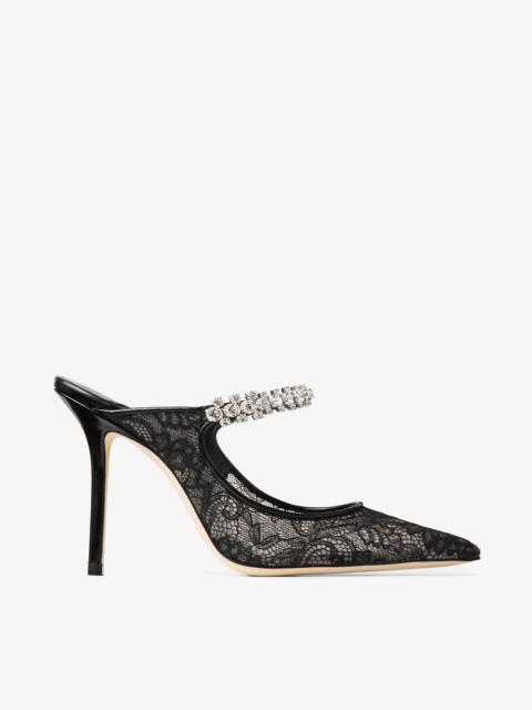JIMMY CHOO Bing 100 Black Jimmy Choo Lace Mules with Crystal Strap