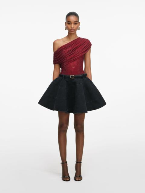 self-portrait Black Flared Denim Mini Skirt