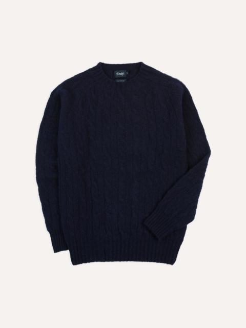 Drake's Navy Brushed Cable Knit Shetland Crew Neck Jumper