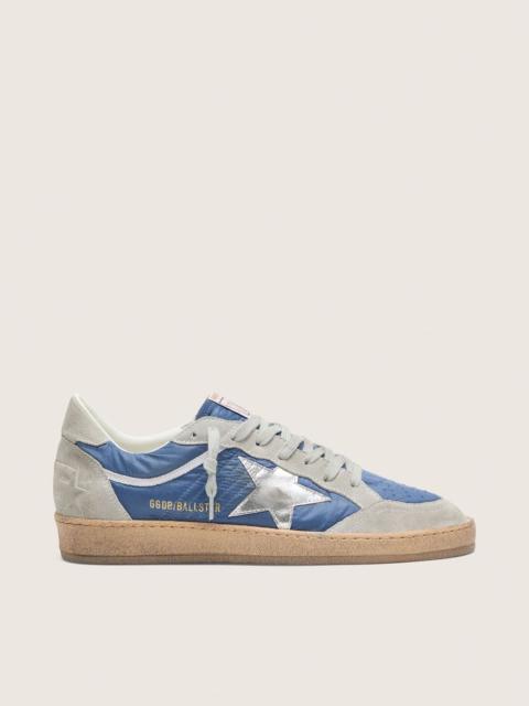 Golden Goose Men’s Ball Star in denim-blue nylon with light gray suede inserts and metallic silver leather star