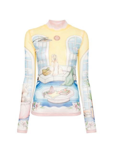 CASABLANCA illustration-style print mesh top
