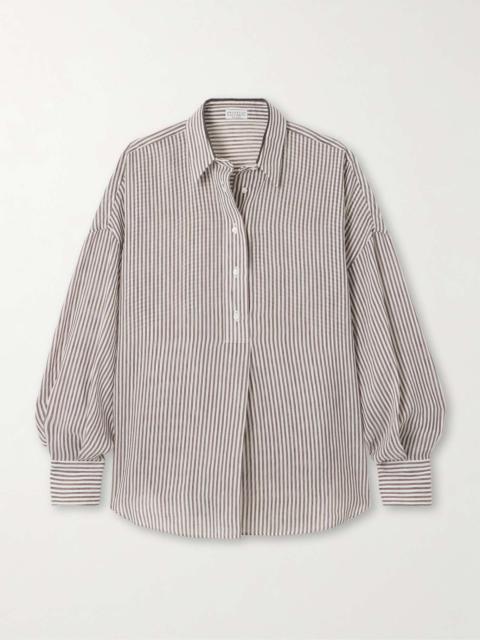 Bead-embellished striped linen and silk-blend shirt Light brown
