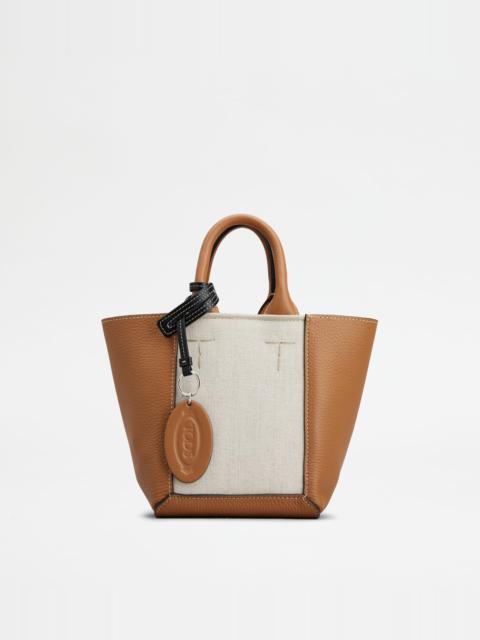 Tod's TOD'S DOUBLE UP SHOPPING BAG IN LEATHER AND CANVAS MINI - BROWN, OFF WHITE