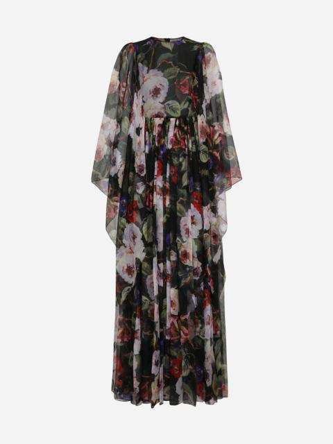 Long chiffon dress with rose garden print