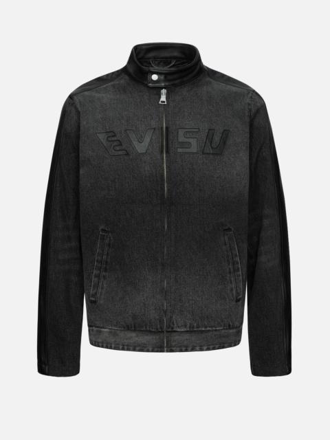 EVISU LEATHER LOGO AND SEAGULL APPLIQUÉ REGULAR FIT DENIM MOTO JACKET