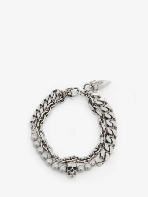 Alexander McQueen Men's Pearl And Skull Stud Bracelet in Antique Silver