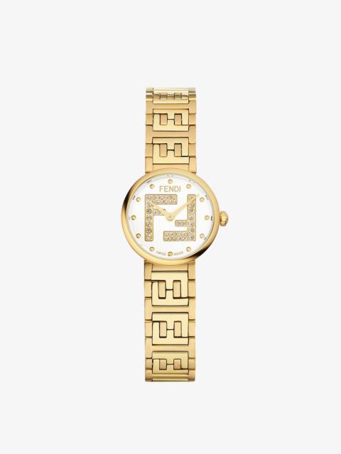 FENDI 19 mm round case and bezel in shiny stainless steel and brushed gold-colored bezel. Crown with 1 ins