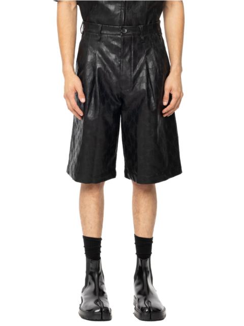 Embroidered Leather Single Pleated Shorts - Black