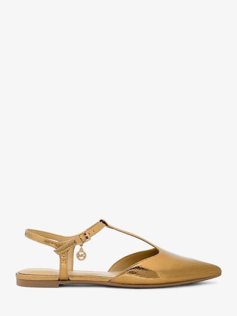 MICHAEL KORS Cherie Snake Embossed Metallic Leather T-Strap Flat