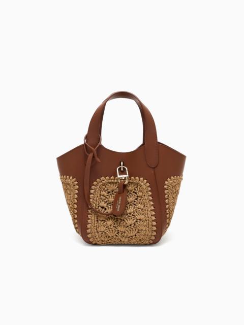 GIORGIO ARMANI SMALL HANDBAG IN LEATHER AND FAN-STITCH RAFFIA