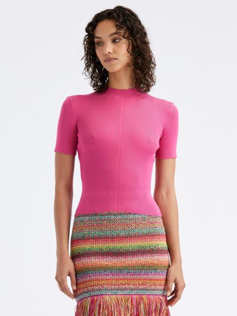 Oscar de la Renta SHORT SLEEVE MOCK NECK RIBBED PULLOVER