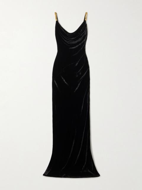 Balmain Embellished draped velvet maxi dress Black