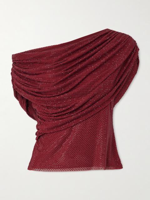 self-portrait Off-the-shoulder Draped Crystal-embellished Mesh Top