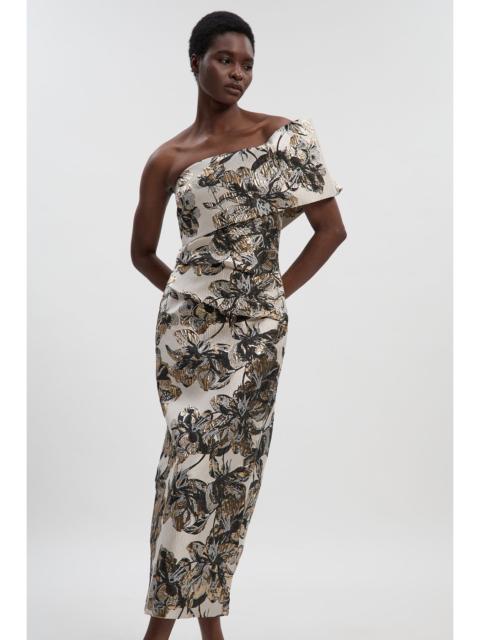 KAREN MILLEN Floral Jacquard Asymmetric Neck Pencil Dress