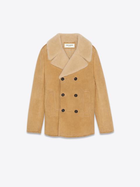 SAINT LAURENT double-breasted pea coat in cracked suede and shearling
