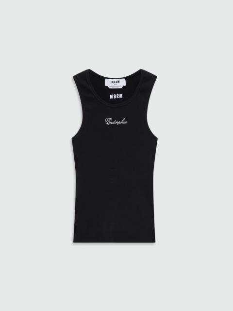 MSGM Black cotton ribbed tank top with front embroidery