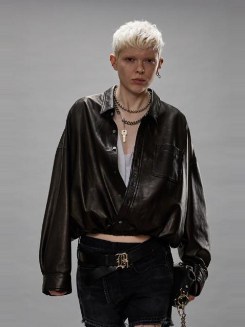 R13 CROSSOVER LEATHER BUBBLE SHIRT - BLACK