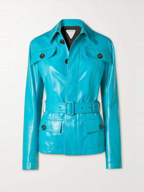 Belted glossed-leather jacket