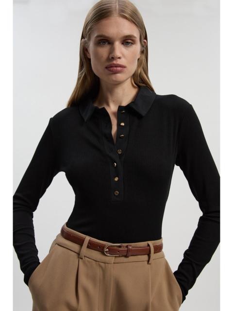 KAREN MILLEN Viscose Rib Jersey Long Sleeve Collared Button Top