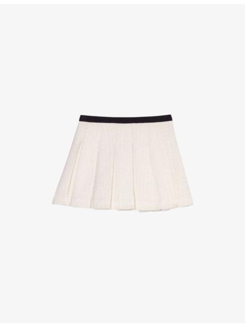maje Contrast-Trim Pleated Lurex Tweed Skort