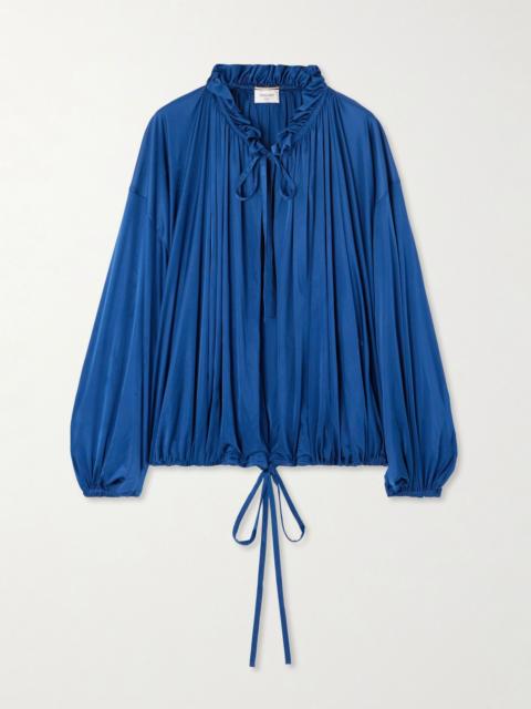 SAINT LAURENT Ruffled satin-jersey blouse Blue