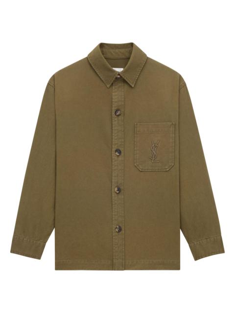 SAINT LAURENT Men's Cassandre Overshirt in Cotton Linen Gabardine - Vintage Kaki