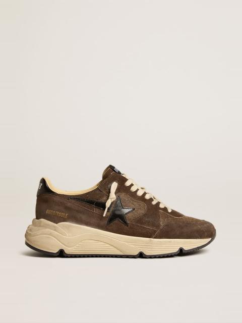 Golden Goose Men's Running Sole in brown mesh and suede with shiny black leather star