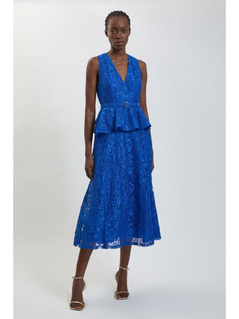 KAREN MILLEN Peplum Detail Belted Lace Midi Dress